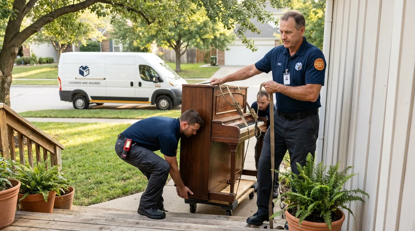 Licensed piano movers securing grand piano in Fairbank, IA