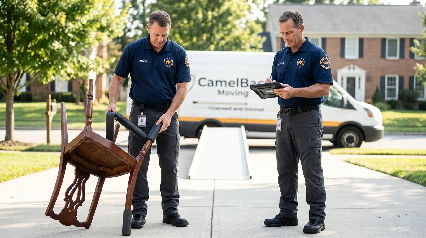 Movers inspecting furniture for damage prevention before loading in Fairbank, IA
