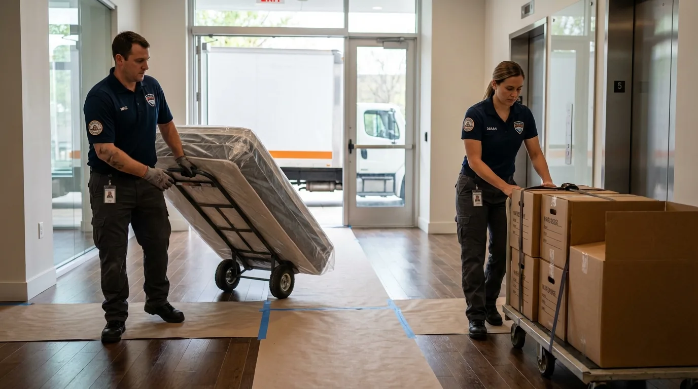 Professional apartment movers loading elevator in Fairbank, IA