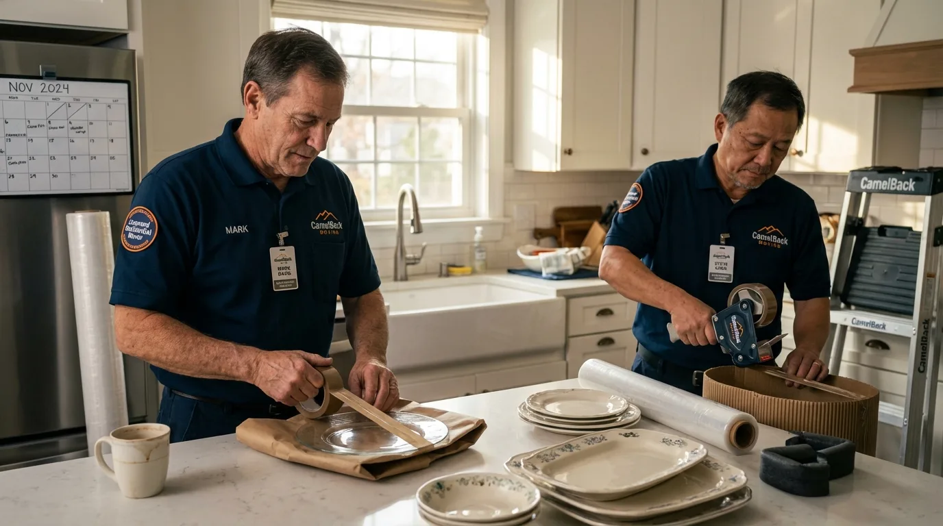 Professional crew packing kitchen dishware in Fairbank, IA